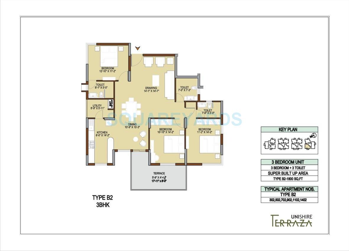 Floor plan of 3 BHK 1800 Sq. Ft. Apartment in Unishire Terraza, Bangalore
