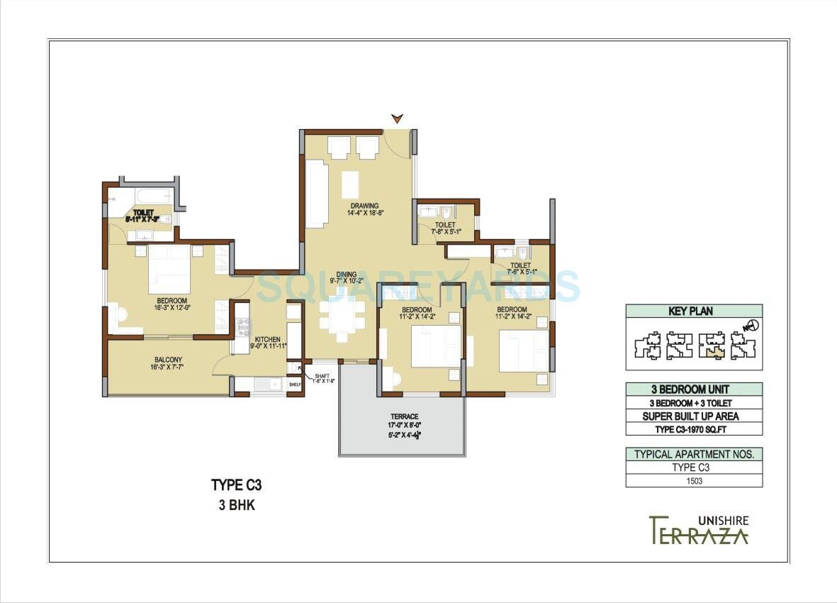Floor plan of 3 BHK 1970 Sq. Ft. Apartment in Unishire Terraza, Bangalore