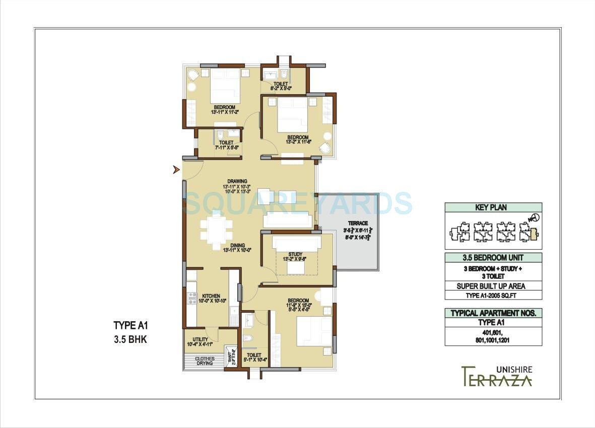 Floor plan of 3 BHK 2005 Sq. Ft. Apartment in Unishire Terraza, Bangalore