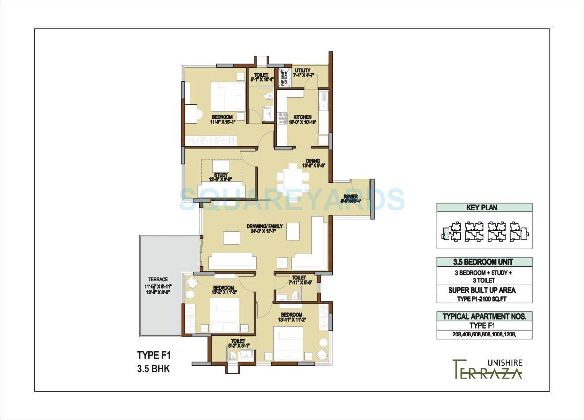 Floor plan of 3 BHK 2100 Sq. Ft. Apartment in Unishire Terraza, Bangalore
