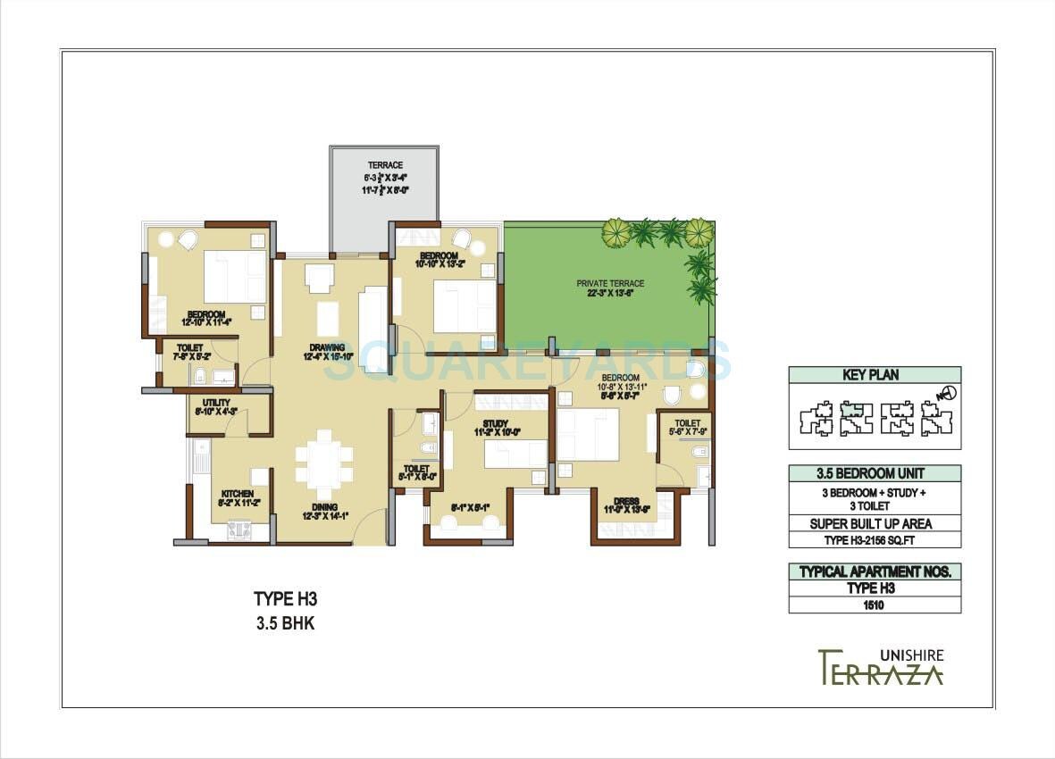Floor plan of 3 BHK 2156 Sq. Ft. Apartment in Unishire Terraza, Bangalore