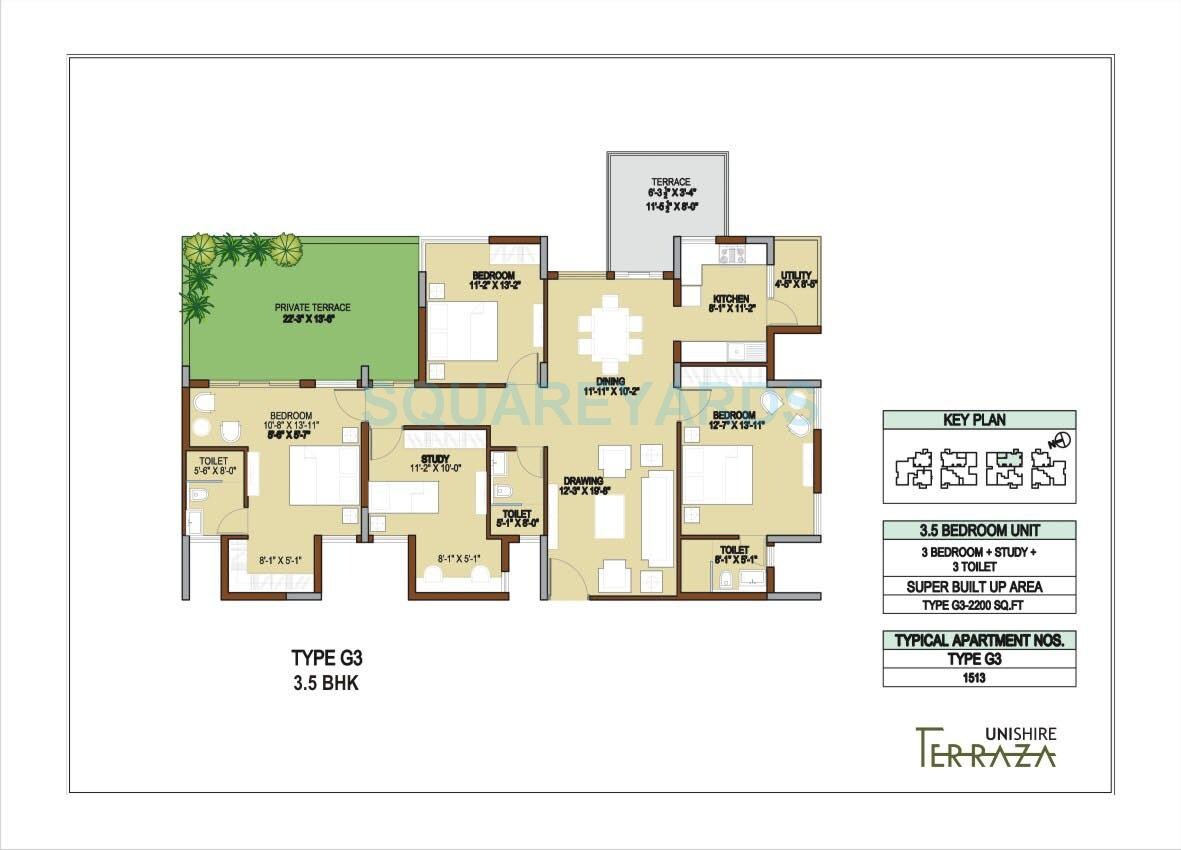 Floor plan of 3 BHK 2200 Sq. Ft. Apartment in Unishire Terraza, Bangalore