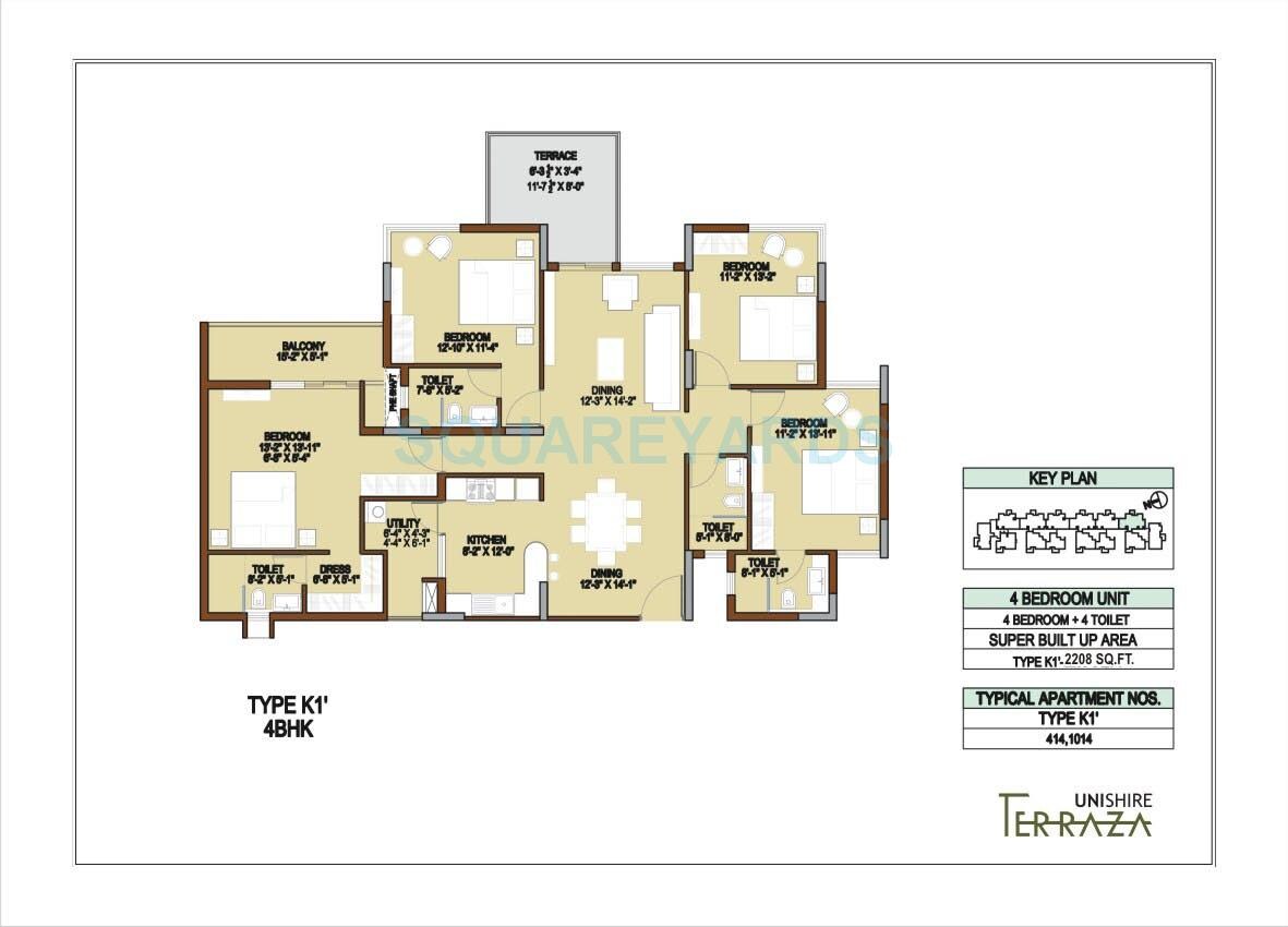 Floor plan of 4 BHK 2208 Sq. Ft. Apartment in Unishire Terraza, Bangalore