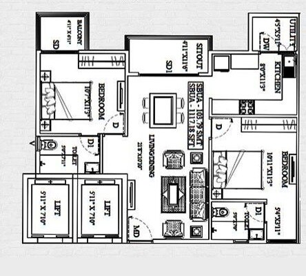 Floor plan of 2 BHK 1070 Sq. Ft. Apartment in Unishire Triumph, Bangalore