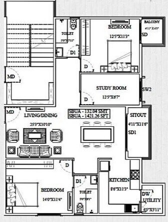 Floor plan of 2 BHK 1421 Sq. Ft. Apartment in Unishire Triumph, Bangalore