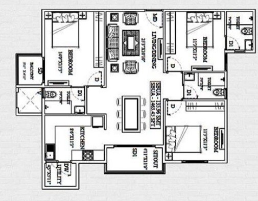 Floor plan of 3 BHK 1463 Sq. Ft. Apartment in Unishire Triumph, Bangalore