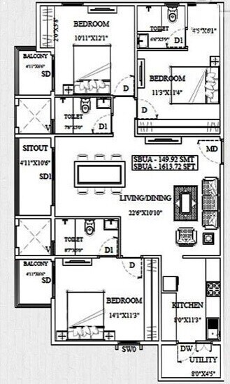 Floor plan of 3 BHK 1613 Sq. Ft. Apartment in Unishire Triumph, Bangalore