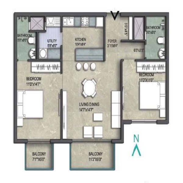 Floor plan of 2 BHK 1235 Sq. Ft. Apartment in Unishire Verzure, Bangalore