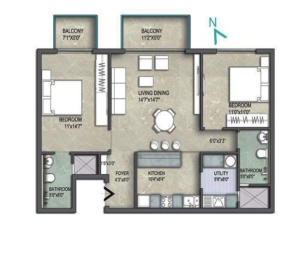 Floor plan of 2 BHK 1299 Sq. Ft. Apartment in Unishire Verzure, Bangalore