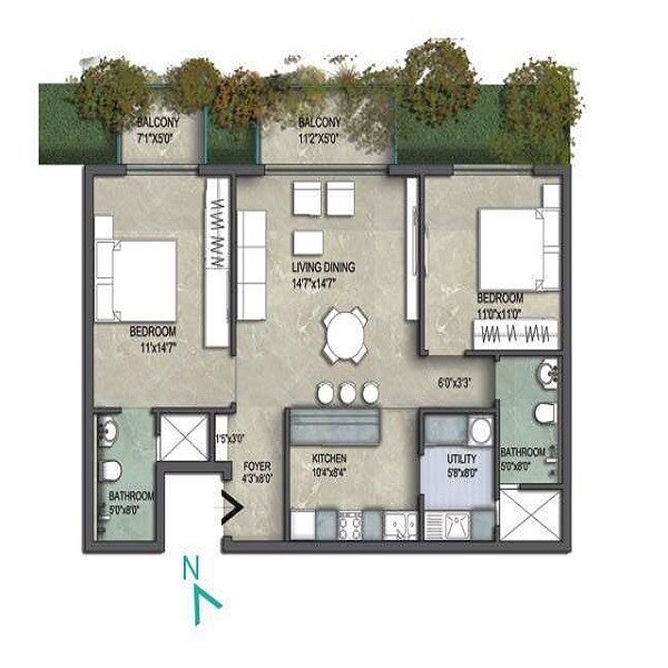 Floor plan of 2 BHK 1350 Sq. Ft. Apartment in Unishire Verzure, Bangalore