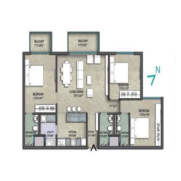 Floor plan of 3 BHK 1550 Sq. Ft. Apartment in Unishire Verzure, Bangalore