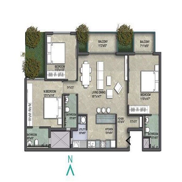 Floor plan of 3 BHK 1681 Sq. Ft. Apartment in Unishire Verzure, Bangalore