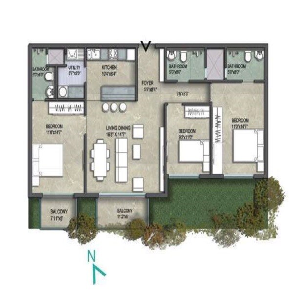 Floor plan of 3 BHK 1726 Sq. Ft. Apartment in Unishire Verzure, Bangalore