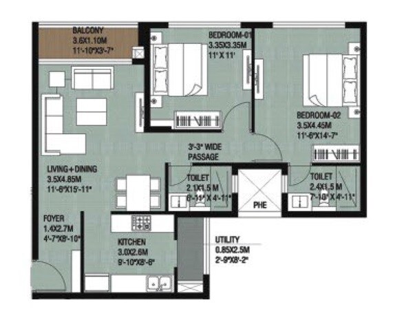 Floor plan of 2 BHK 1105 Sq. Ft. Apartment in Unishire Wynn Towers, Bangalore