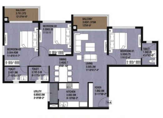 Floor plan of 3 BHK 1468 Sq. Ft. Apartment in Unishire Wynn Towers, Bangalore