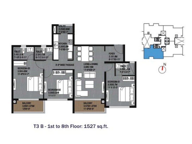 Floor plan of 3 BHK 1527 Sq. Ft. Apartment in Unishire Wynn Towers, Bangalore