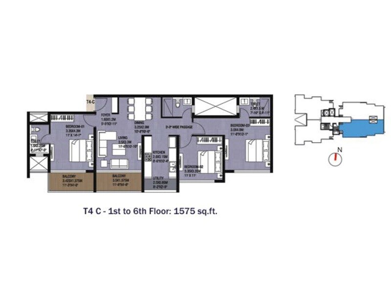 Floor plan of 3 BHK 1575 Sq. Ft. Apartment in Unishire Wynn Towers, Bangalore