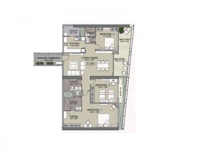 Floor plan of 3 BHK 1620 Sq. Ft. Apartment in Unishire Xperience, Bangalore