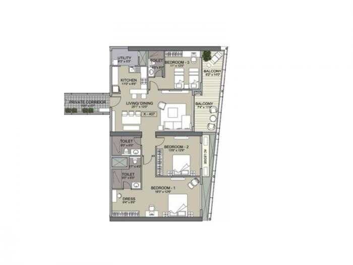 Floor plan of 3 BHK 2100 Sq. Ft. Apartment in Unishire Xperience, Bangalore