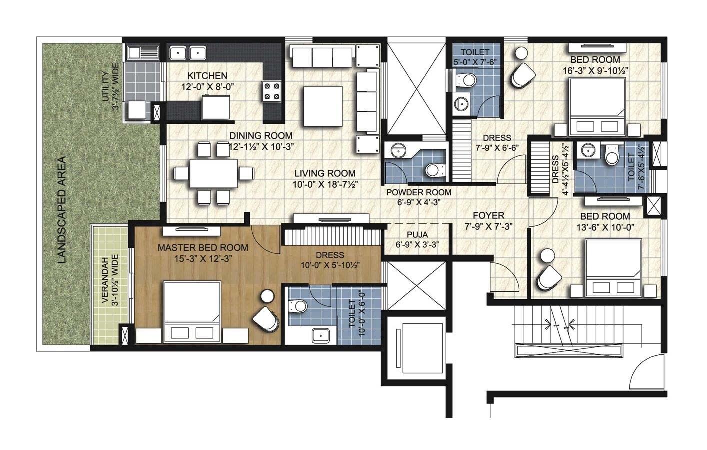 Floor plan of 3 BHK 1850 Sq. Ft. Apartment in Unitech Uniworld Resort, Bangalore
