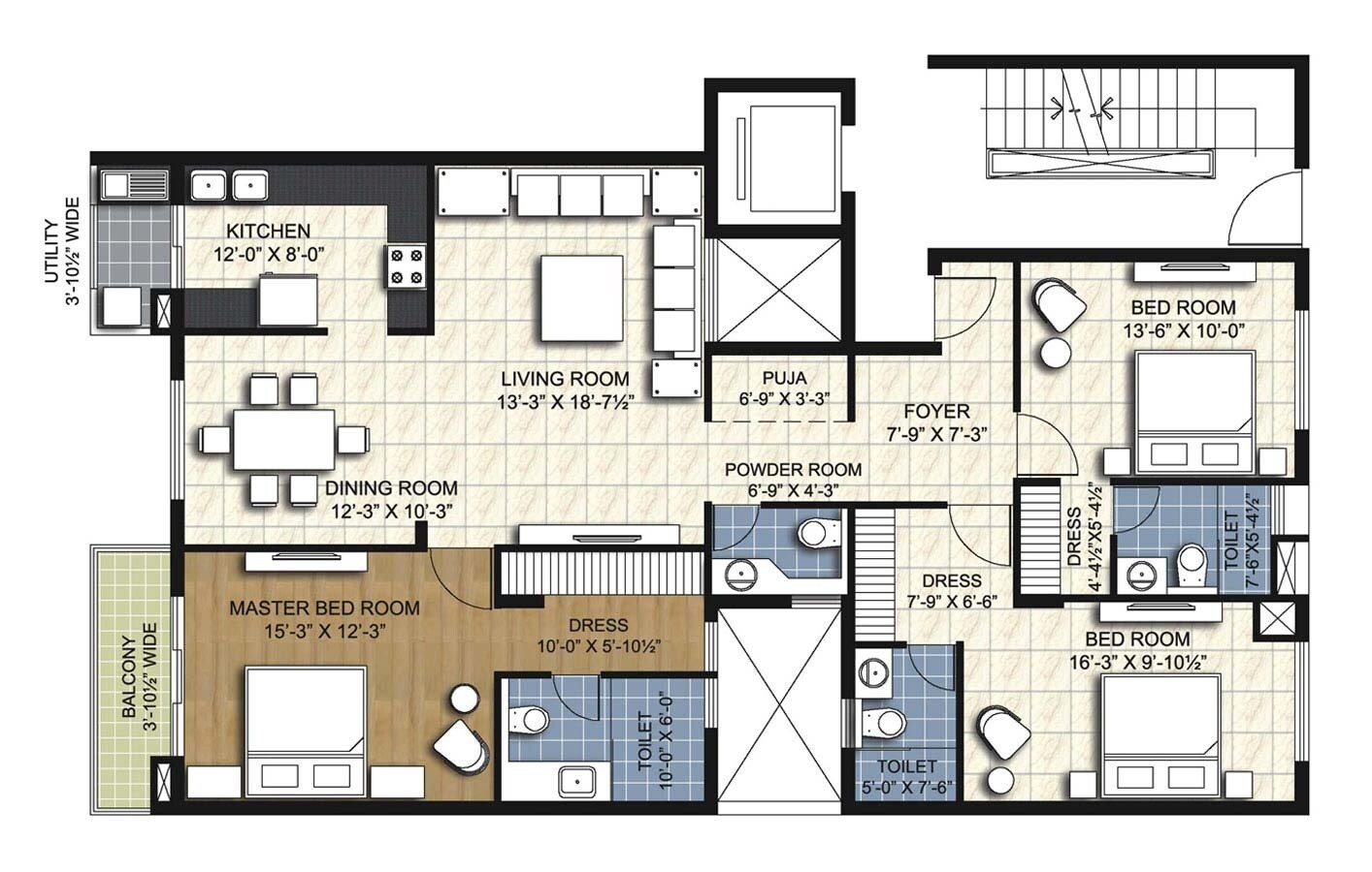 Floor plan of 3 BHK 1920 Sq. Ft. Apartment in Unitech Uniworld Resort, Bangalore