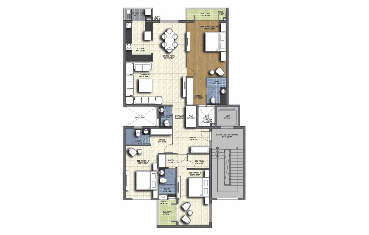 Floor plan of 3 BHK 2100 Sq. Ft. Apartment in Unitech Uniworld Resort, Bangalore