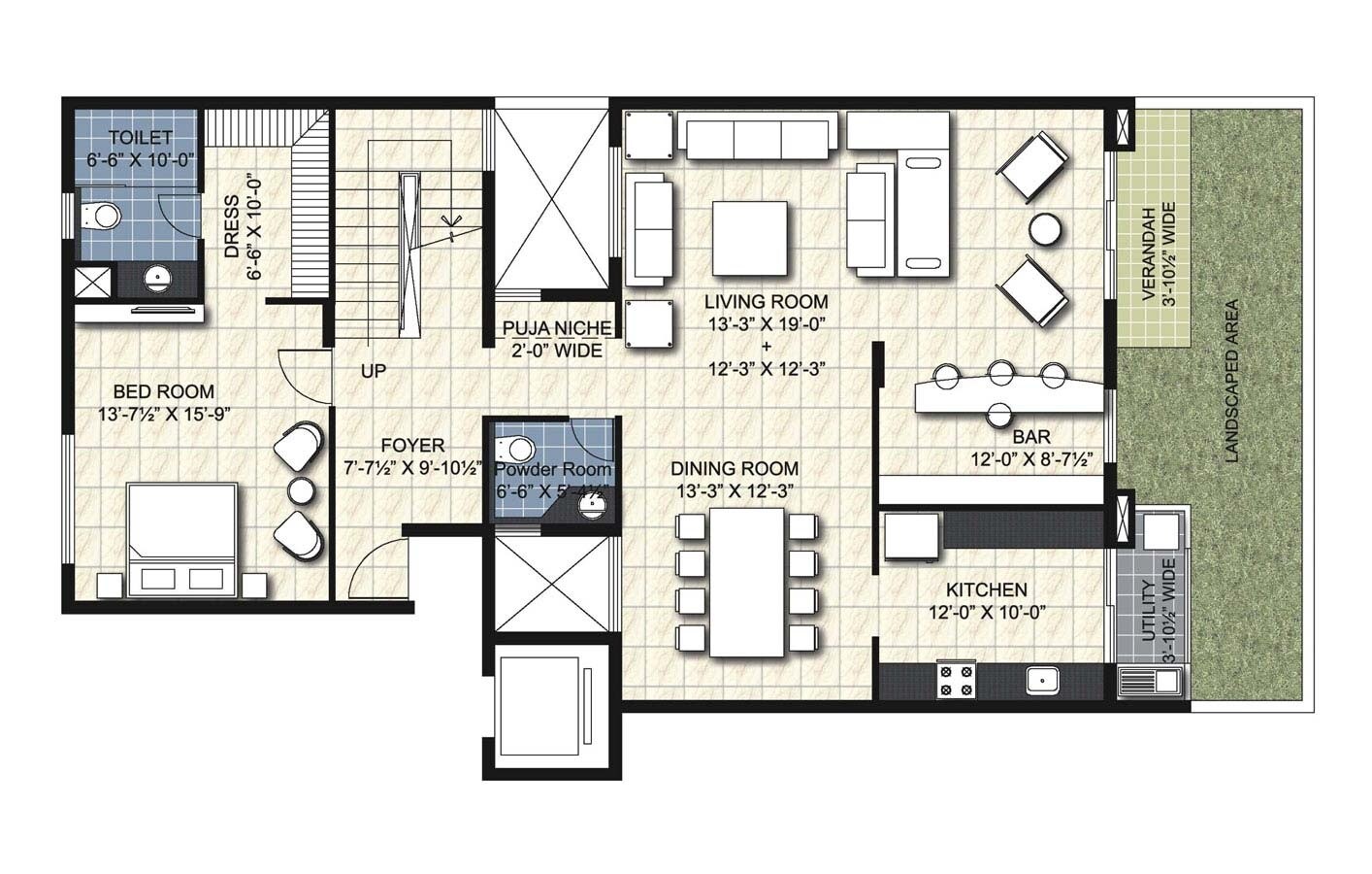 Floor plan of 4 BHK 3735 Sq. Ft. Apartment in Unitech Uniworld Resort, Bangalore