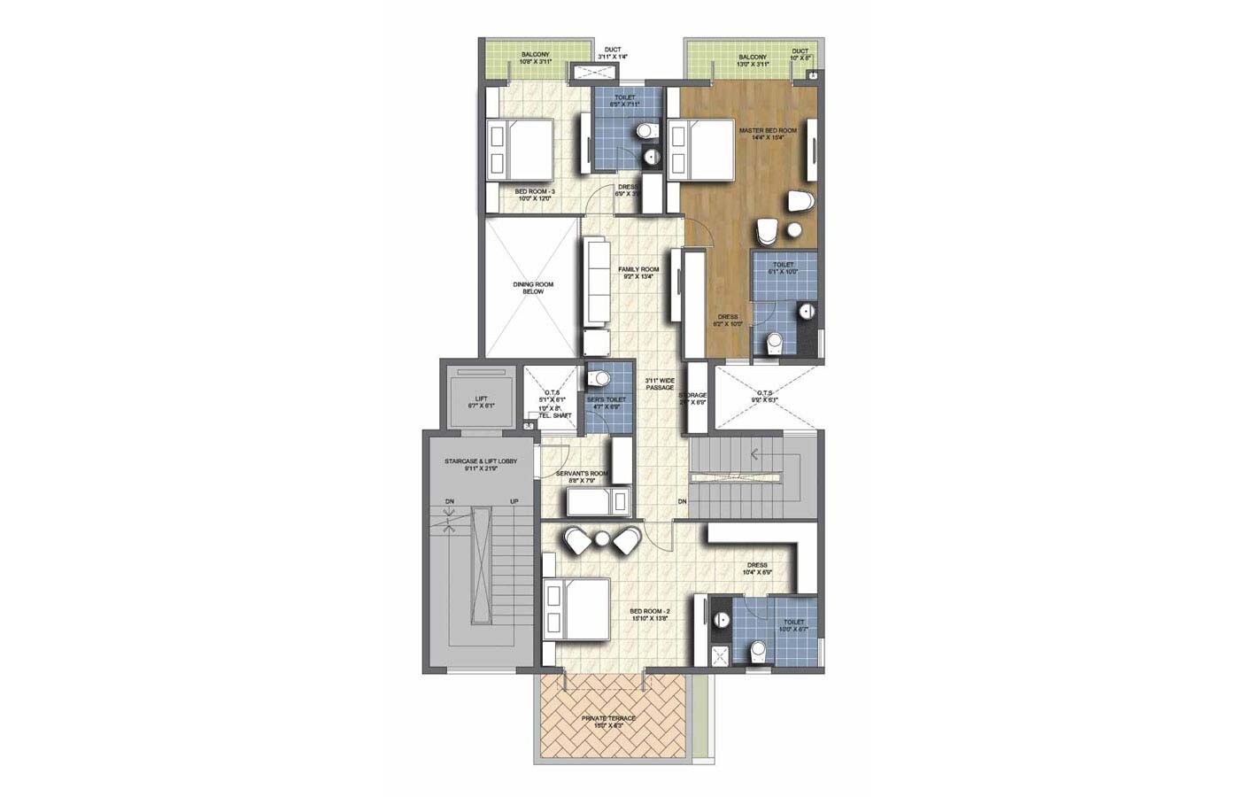 Floor plan of 4 BHK 3920 Sq. Ft. Apartment in Unitech Uniworld Resort, Bangalore