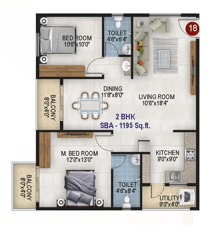 2 BHK 1195 Sq. Ft. Apartment