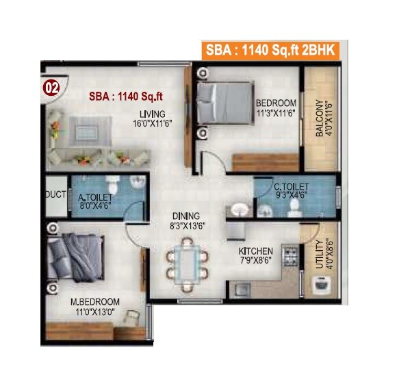 Floor plan of 2 BHK 1140 Sq. Ft. Apartment in United Greencity, Bangalore