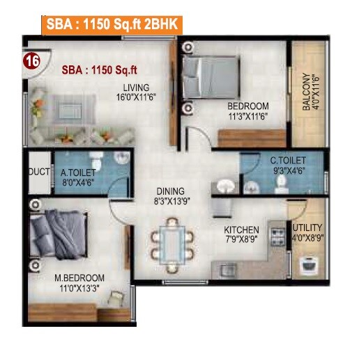 Floor plan of 2 BHK 1150 Sq. Ft. Apartment in United Greencity, Bangalore