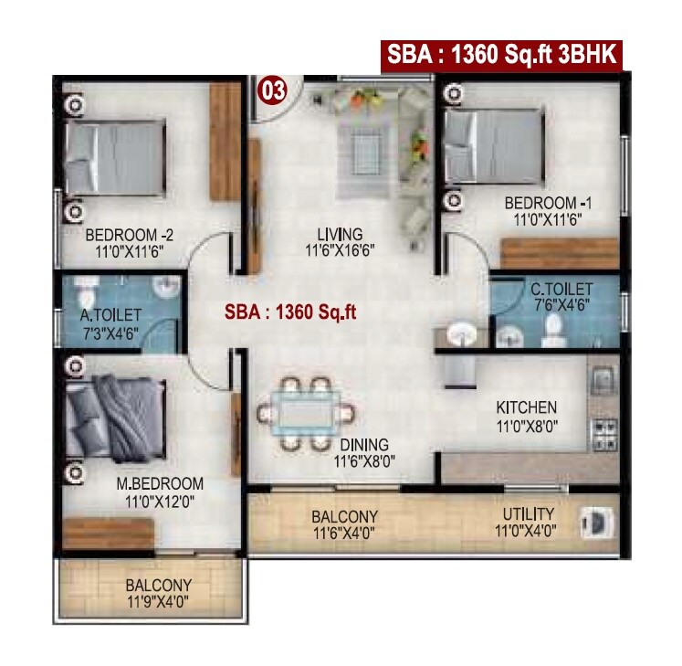 Floor plan of 3 BHK 1360 Sq. Ft. Apartment in United Greencity, Bangalore
