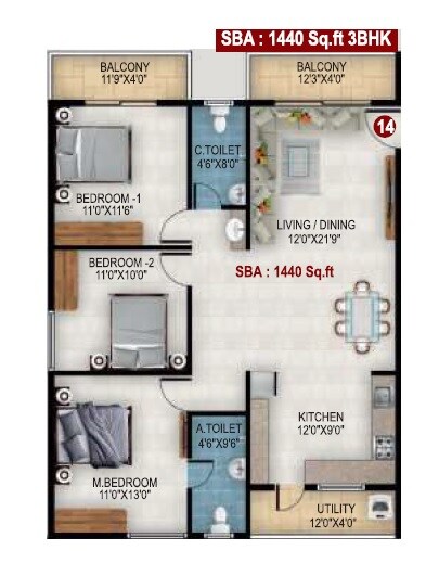 Floor plan of 3 BHK 1440 Sq. Ft. Apartment in United Greencity, Bangalore