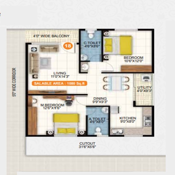 Floor plan of 2 BHK 1080 Sq. Ft. Apartment in United Highlands, Bangalore
