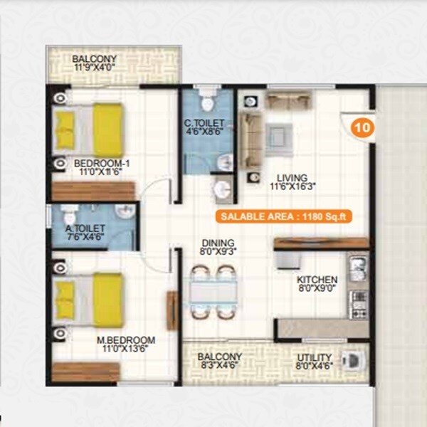 Floor plan of 2 BHK 1180 Sq. Ft. Apartment in United Highlands, Bangalore