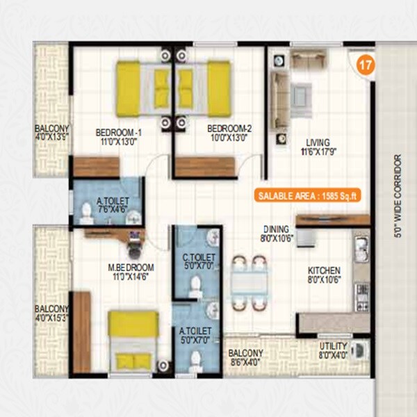 Floor plan of 3 BHK 1585 Sq. Ft. Apartment in United Highlands, Bangalore