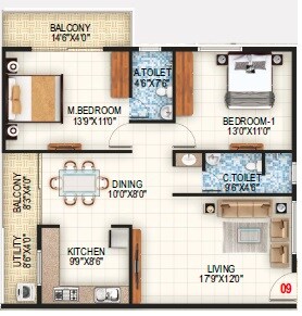 Floor plan of 2 BHK 920 Sq. Ft. Apartment in United Meadows, Bangalore