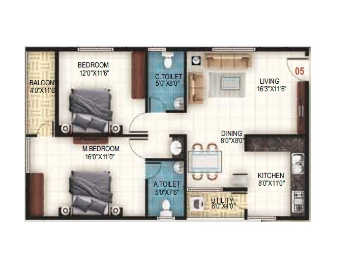 Floor plan of 2 BHK 1160 Sq. Ft. Apartment in United Sai Arcade, Bangalore