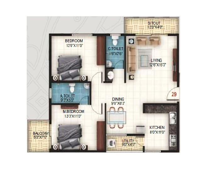 Floor plan of 2 BHK 1250 Sq. Ft. Apartment in United Sai Arcade, Bangalore