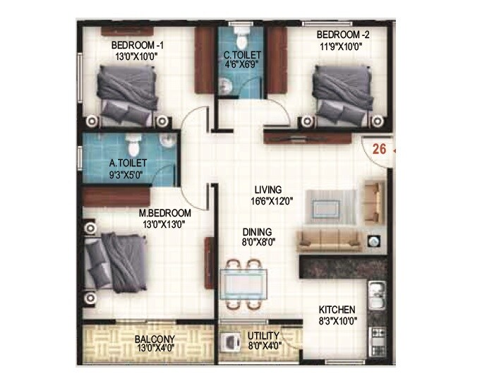 Floor plan of 3 BHK 1310 Sq. Ft. Apartment in United Sai Arcade, Bangalore