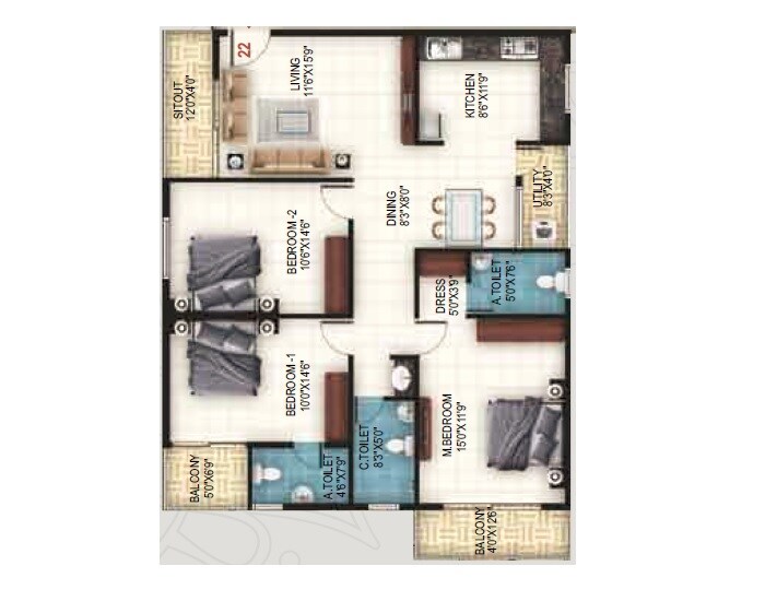 Floor plan of 3 BHK 1665 Sq. Ft. Apartment in United Sai Arcade, Bangalore
