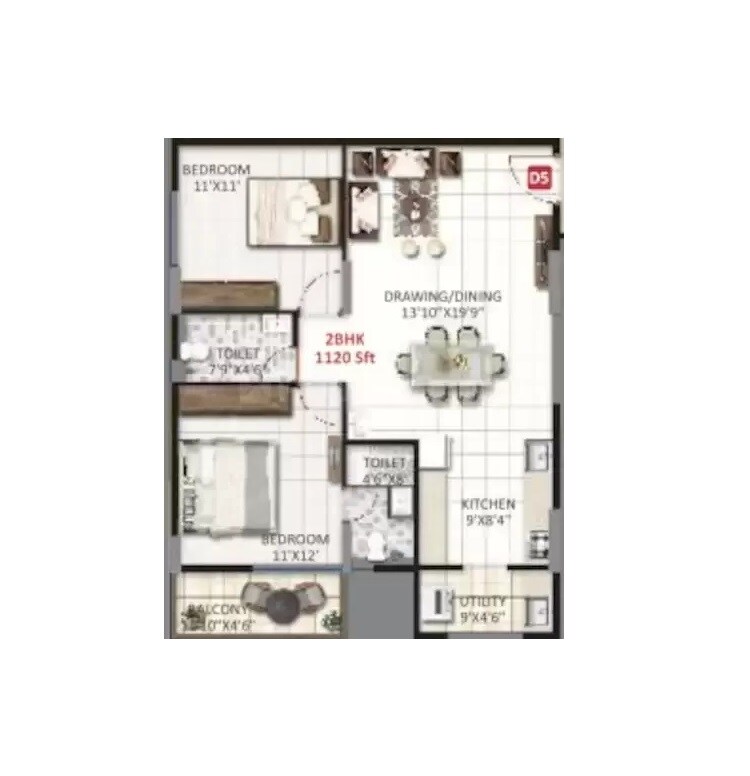Floor plan of 2 BHK 1120 Sq. Ft. Apartment in United Sai Green Woods, Bangalore