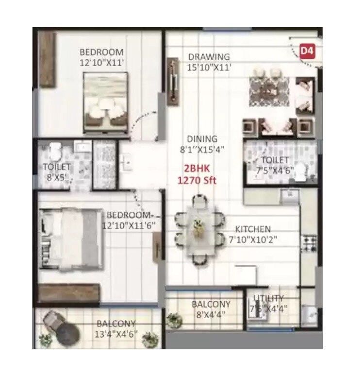 Floor plan of 2 BHK 1270 Sq. Ft. Apartment in United Sai Green Woods, Bangalore