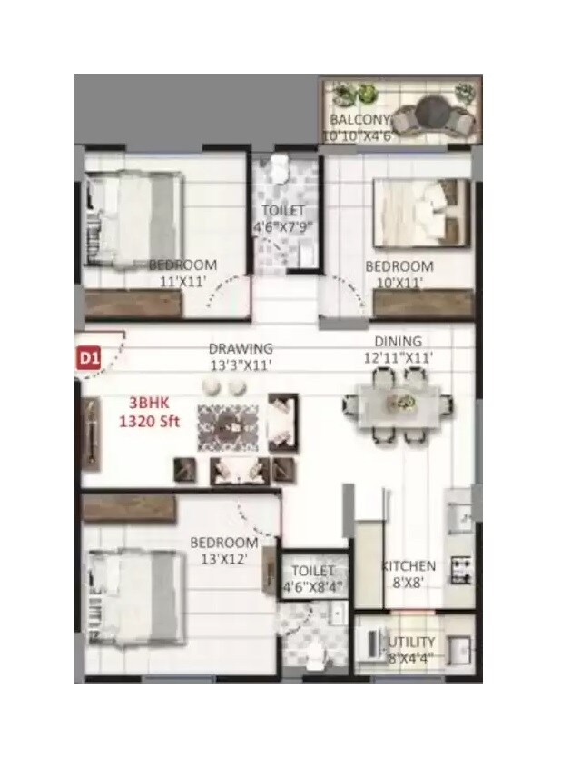Floor plan of 3 BHK 1320 Sq. Ft. Apartment in United Sai Green Woods, Bangalore