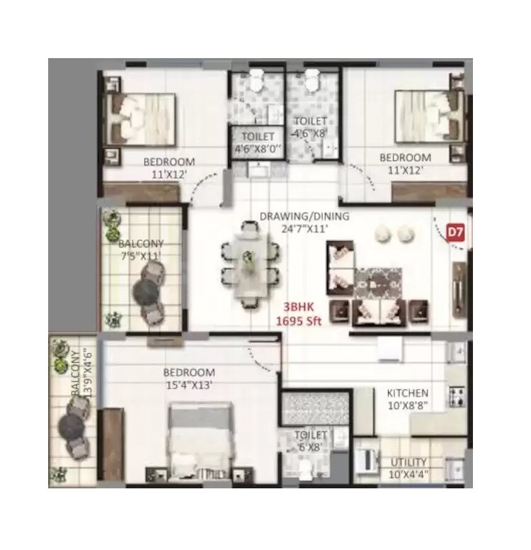 Floor plan of 3 BHK 1695 Sq. Ft. Apartment in United Sai Green Woods, Bangalore