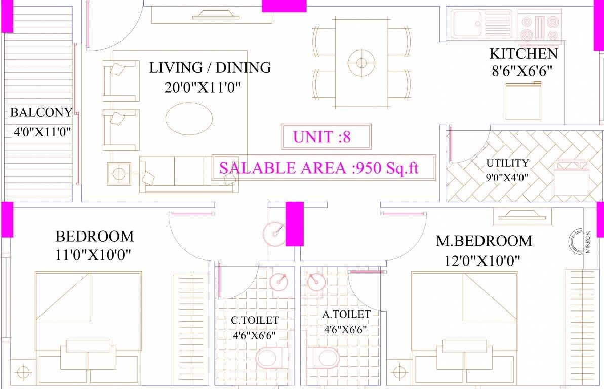 Floor plan of 2 BHK 950 Sq. Ft. Apartment in United Sai Silicon City, Bangalore