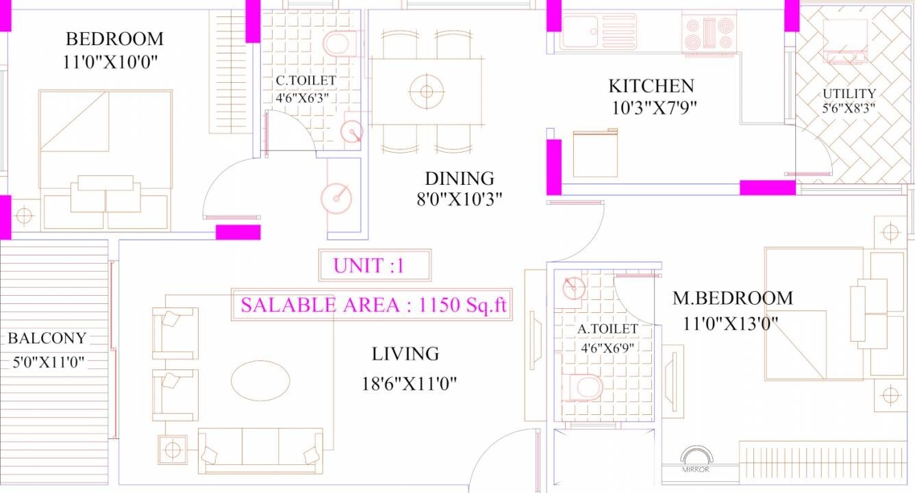 Floor plan of 2 BHK 1150 Sq. Ft. Apartment in United Sai Silicon City, Bangalore