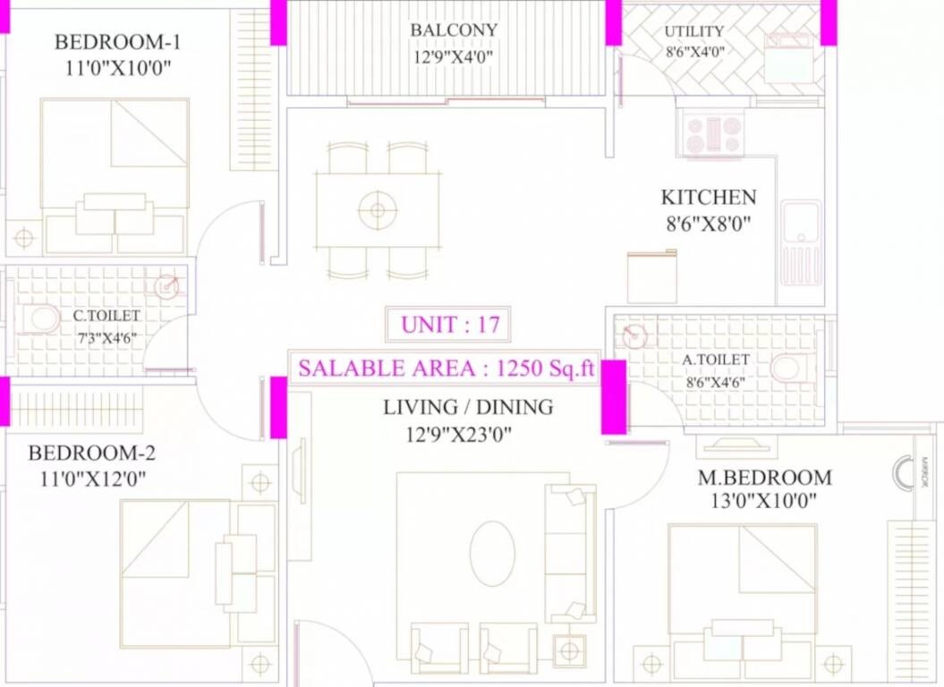 Floor plan of 3 BHK 1250 Sq. Ft. Apartment in United Sai Silicon City, Bangalore