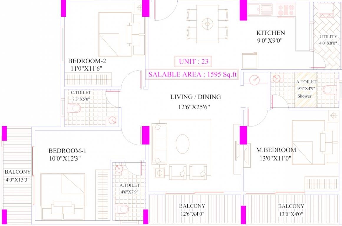 Floor plan of 3 BHK 1595 Sq. Ft. Apartment in United Sai Silicon City, Bangalore