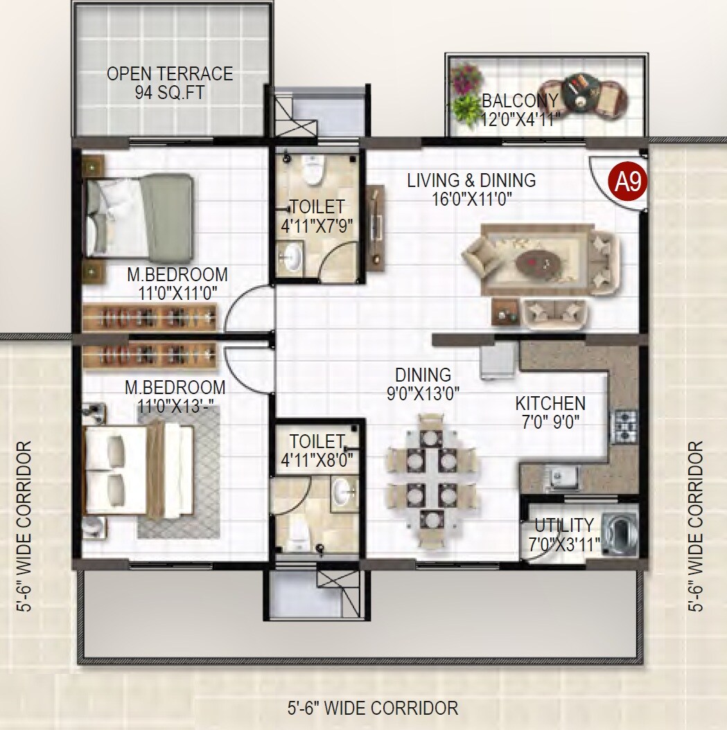 Floor plan of 2 BHK 1205 Sq. Ft. Apartment in United Sai Silicon Heights, Bangalore
